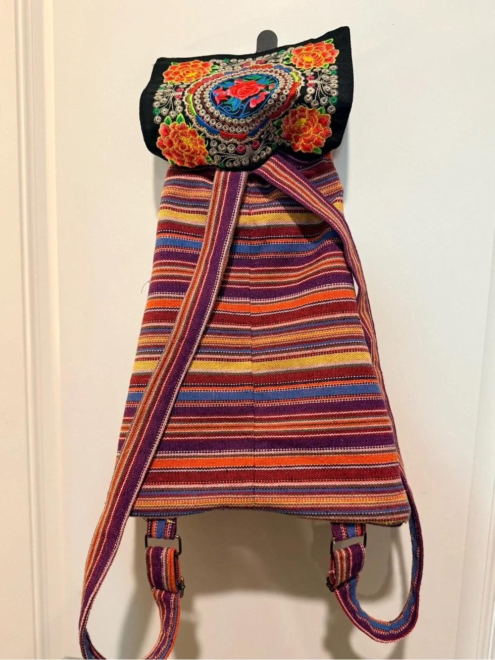 Embroidered Black Floral Backpack with Multicolor Accents